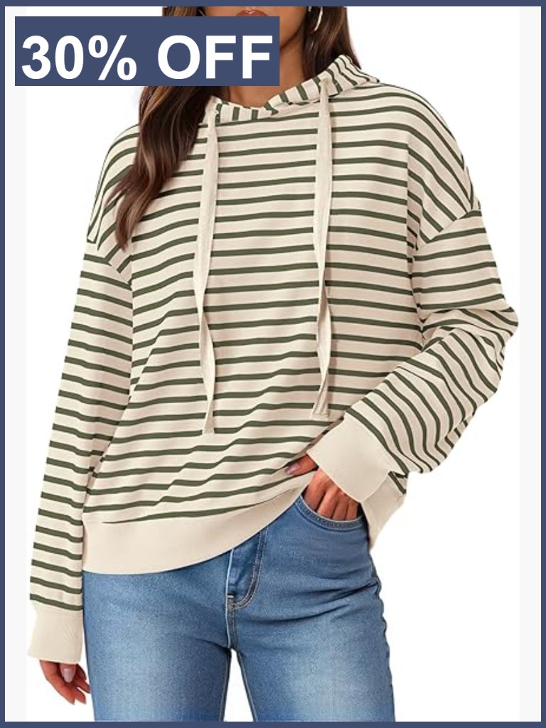 Casual Loose Striped Long Sleeve Drawstring Hoodie Pullover Hooded Top